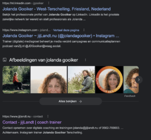 Een screenshot van de zoekresultaten in Google voor Jolanda Gooiker op 29 januari 2023